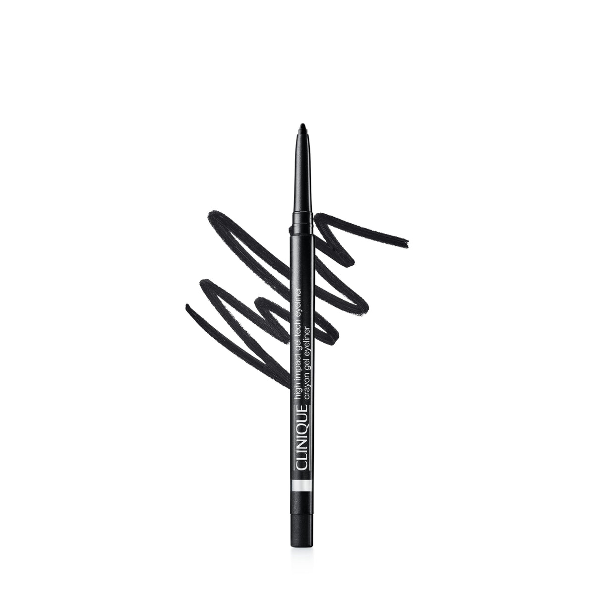 Clinique gel tech eyeliner front view showing sleek pencil and shade text