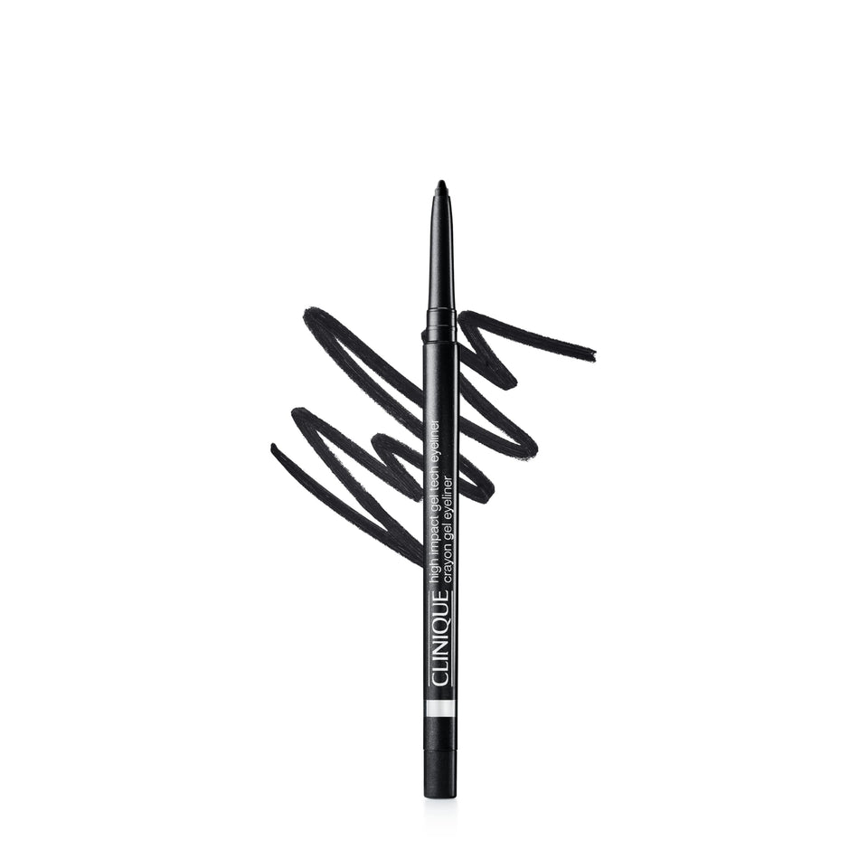 Clinique gel tech eyeliner front view showing sleek pencil and shade text