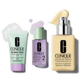Clinique gift set front packaging showing all three items and easy routine benefits