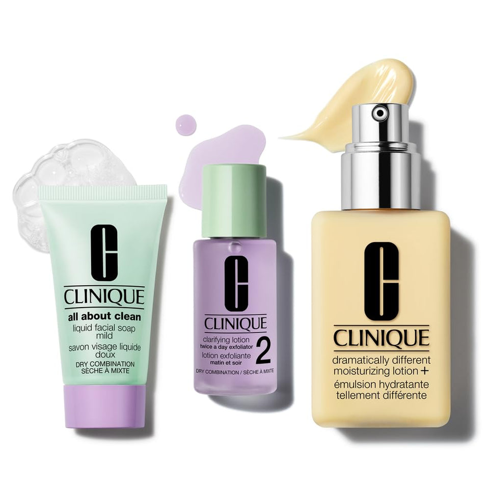 Clinique gift set front packaging showing all three items and easy routine benefits