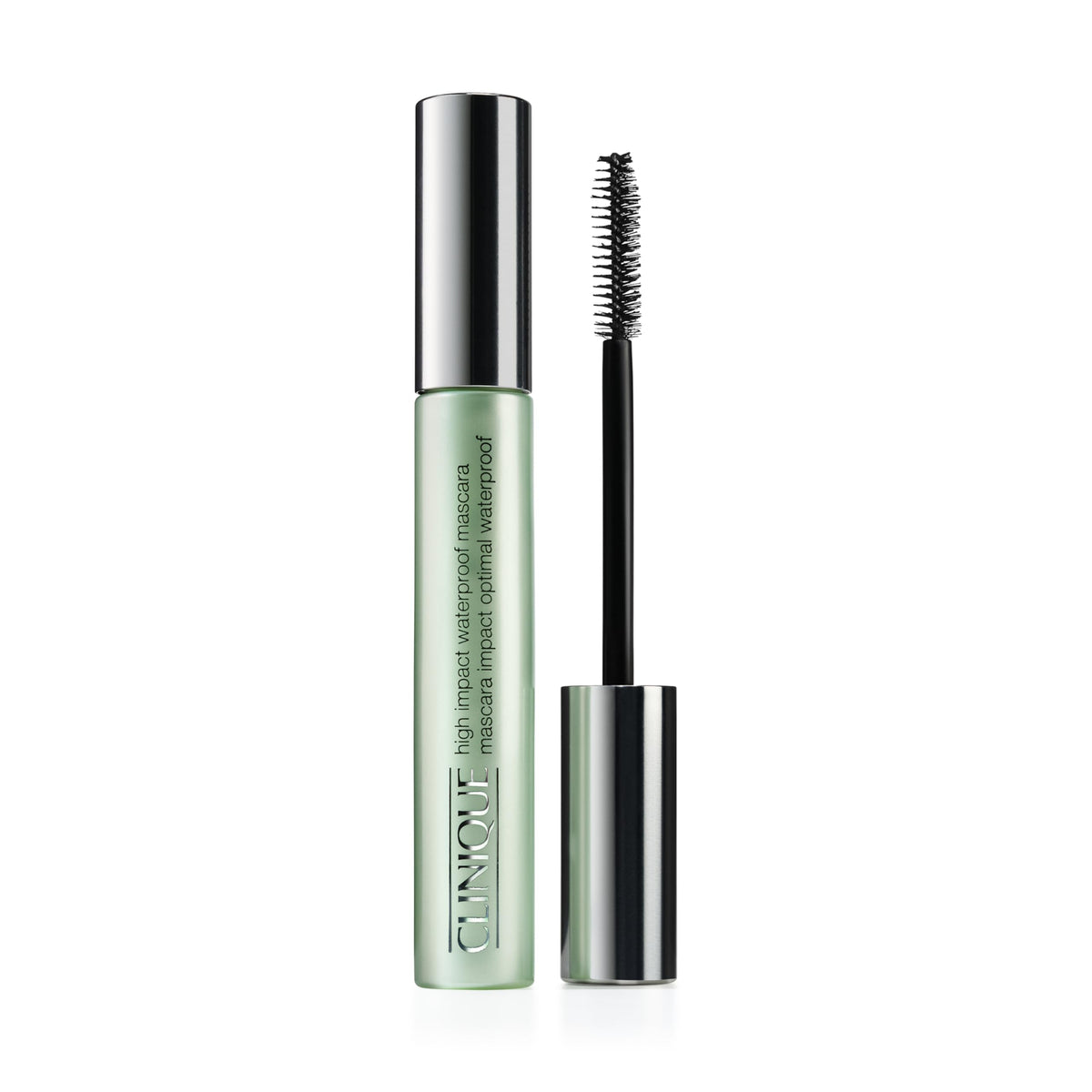 Clinique high impact waterproof mascara front packaging shows sleek tube and black shade benefit