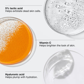 Clinique product label detail with Vitamin C and lactic acid benefits noted