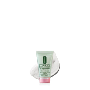 Clinique front packaging of Liquid Facial Soap mini showing travel-friendly benefit