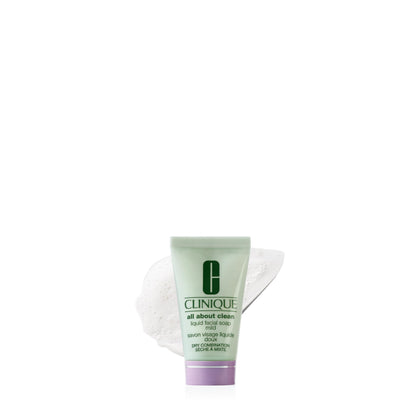 Clinique mini bottle front packaging showing clear branded cleanser and travel convenience