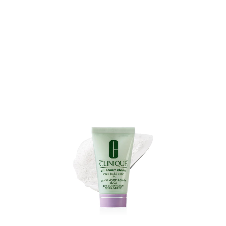 Clinique mini bottle front packaging showing clear branded cleanser and travel convenience