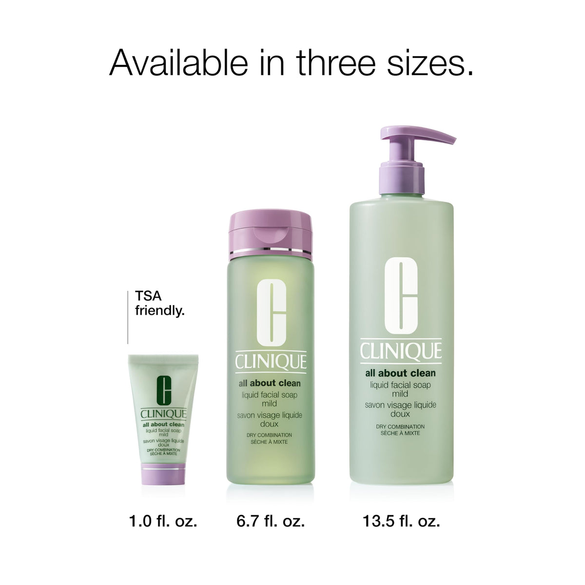 Clinique bottle beside a passport showing travel-friendly 6.7 fl oz