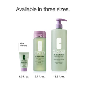 Clinique bottle beside a passport showing travel-friendly 6.7 fl oz