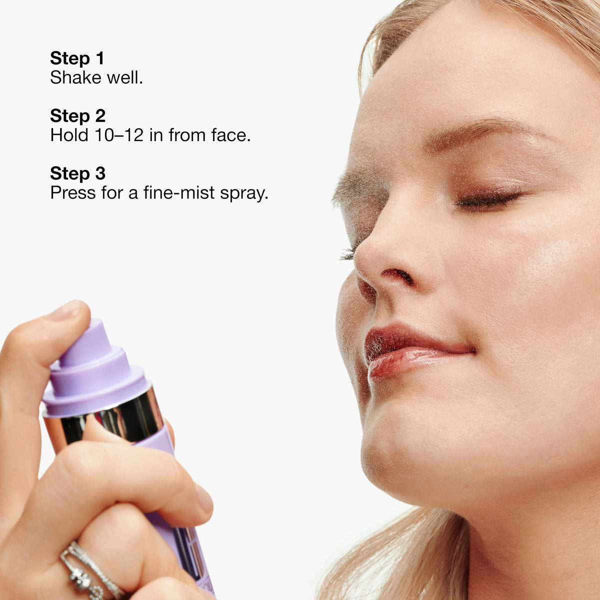 Clinique mist spray in use on face demonstrating even, weightless finish