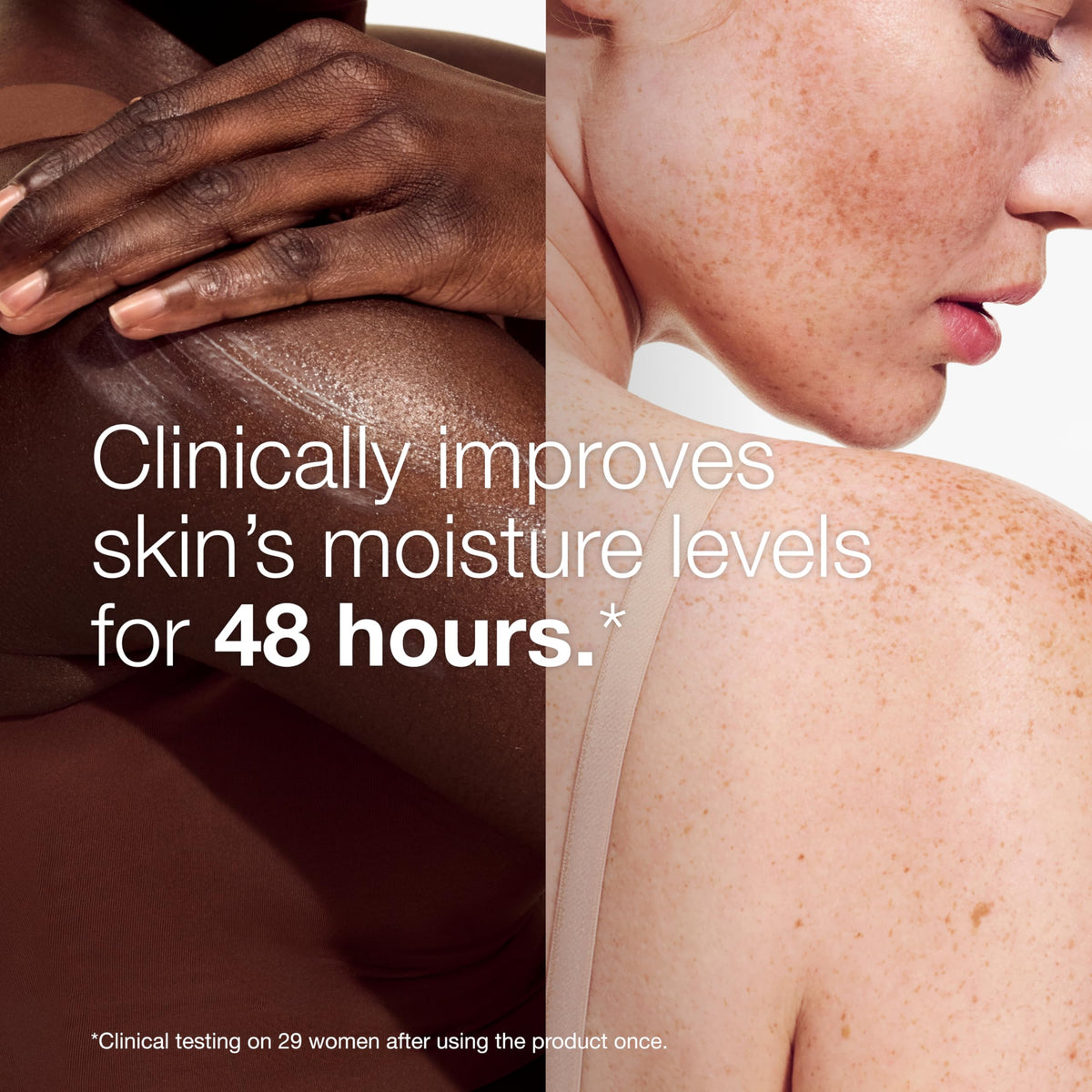 Clinique product in use on arms demonstrating smooth, hydrated skin benefit