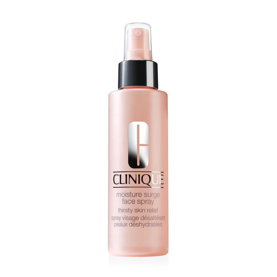 Clinique Moisture Surge front packaging showing bottle and label, hydration on the go