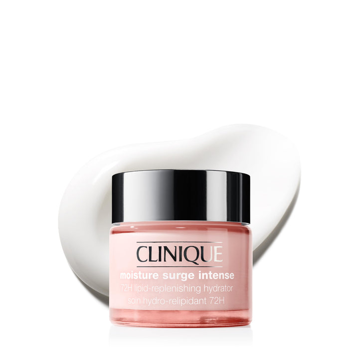 Clinique jar front view shows Moisture Surge Intense and hydrates skin
