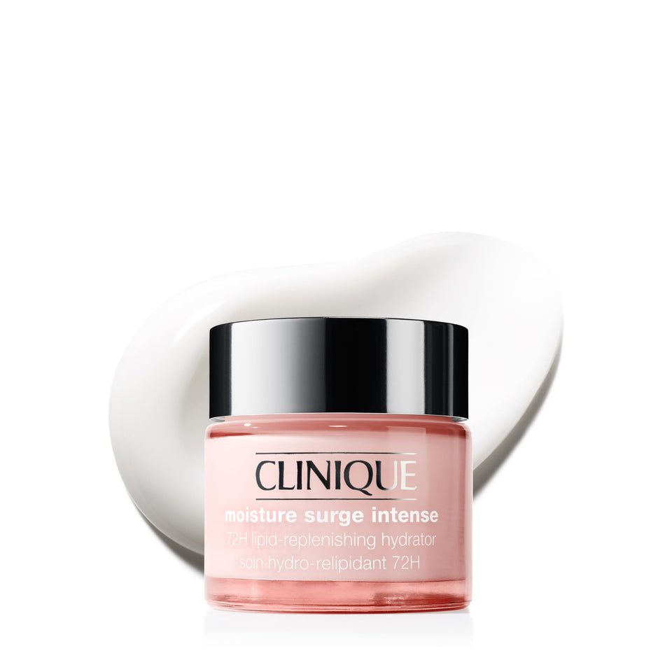 Clinique jar front view shows Moisture Surge Intense and hydrates skin