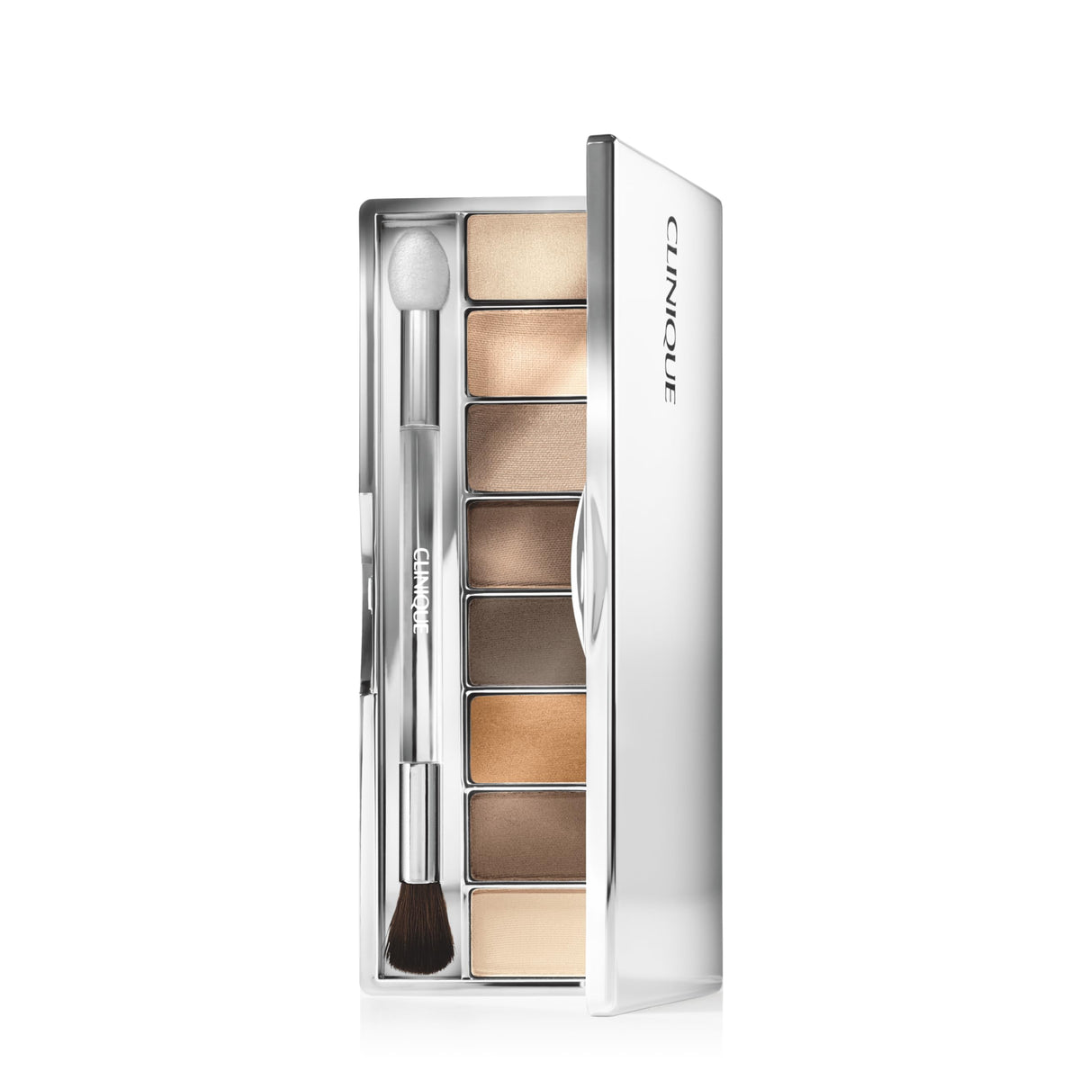 Clinique compact front view showing Nude Honey palette and sleek packaging benefits portability