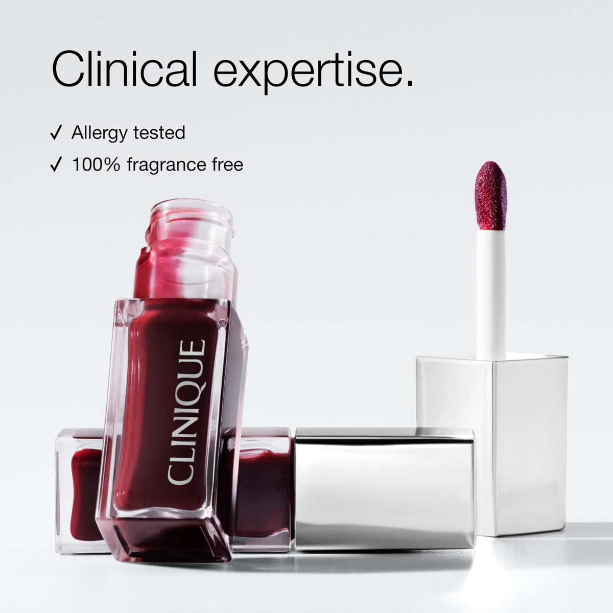 Clinique Pop on lips closeup showing Black Honey tint and natural conditioning benefit