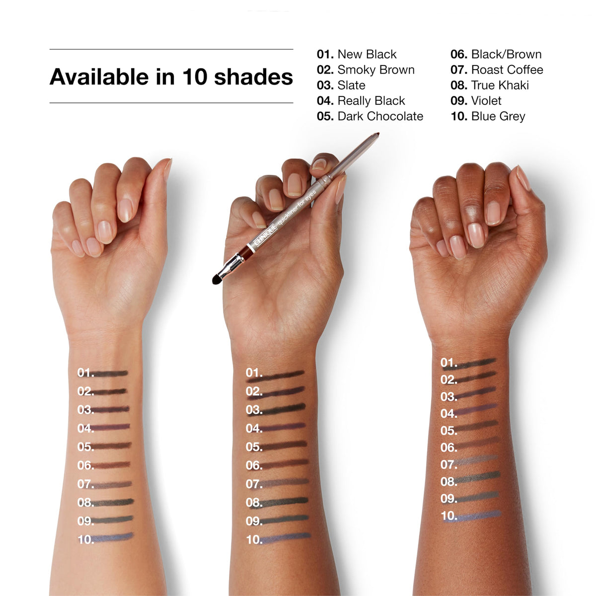 Clinique Quickliner Roast Coffee single swatch stroke on skin showing rich brown payoff benefit