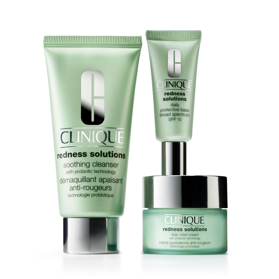 Clinique front packaging showing all three redness solutions products and benefits