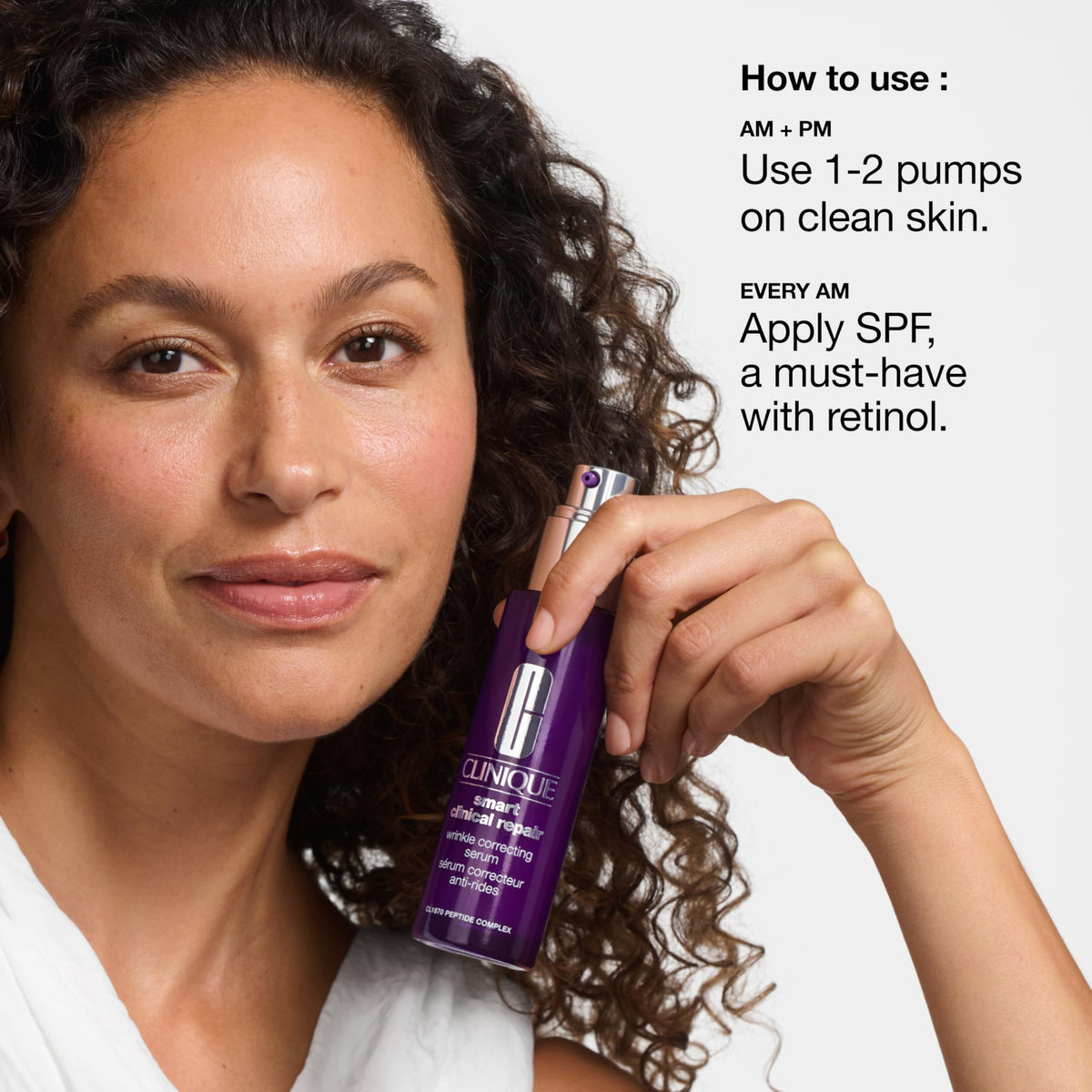 Clinique applying serum to cheek demonstrating even coverage and smoothing effect