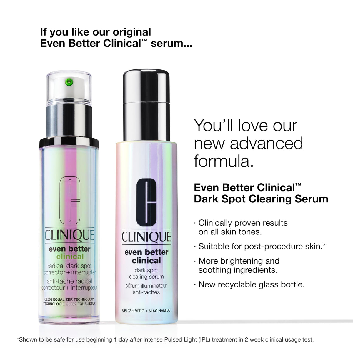 Clinique serum before and after style comparison implying improved skin tone
