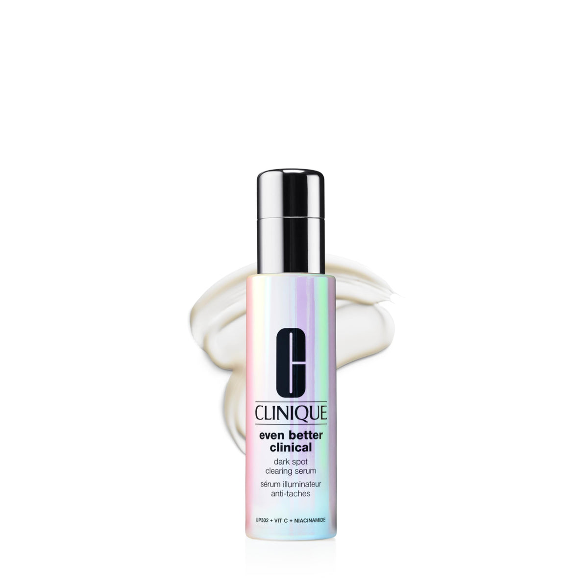 Clinique serum front packaging showing bottle and branding plus brightening benefit