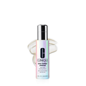 Clinique serum front packaging showing bottle and branding plus brightening benefit