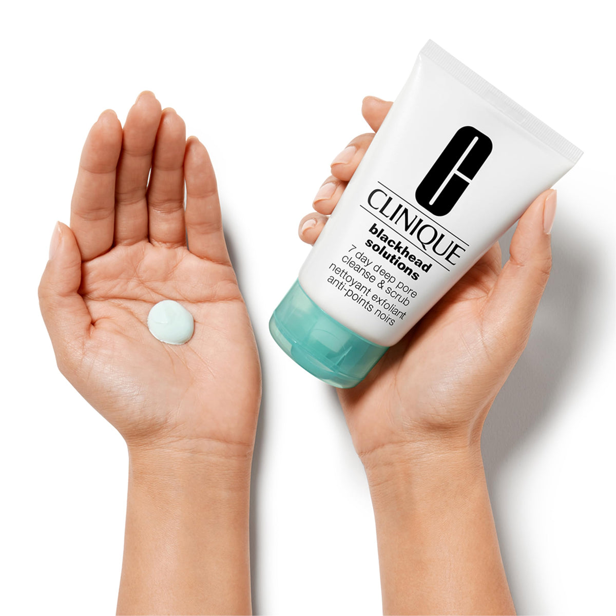 Clinique tube next to common object showing 4.2 fl oz scale and travel-friendly benefit