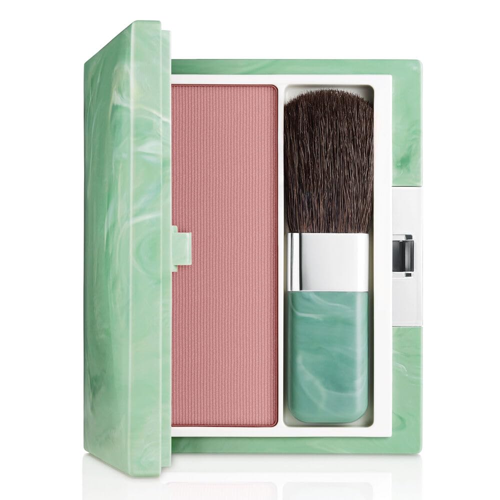 Clinique soft-pressed blusher front compact showing shade and brush, easy application