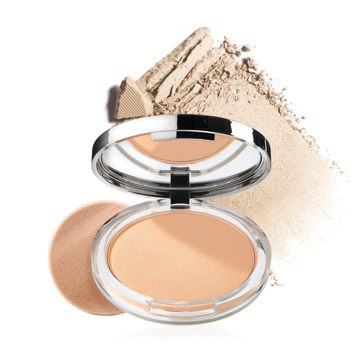Clinique compact front view showing clean packaging and matte powder benefit