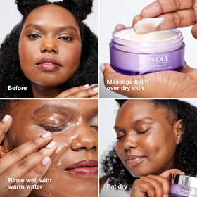 Clinique balm massaged over eye makeup demonstrating gentle removal of mascara and eyeliner