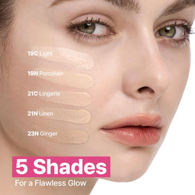 CLIO PROFESSIONAL swatch comparison on arm showing shade 21N Linen accurate-tone matching benefit