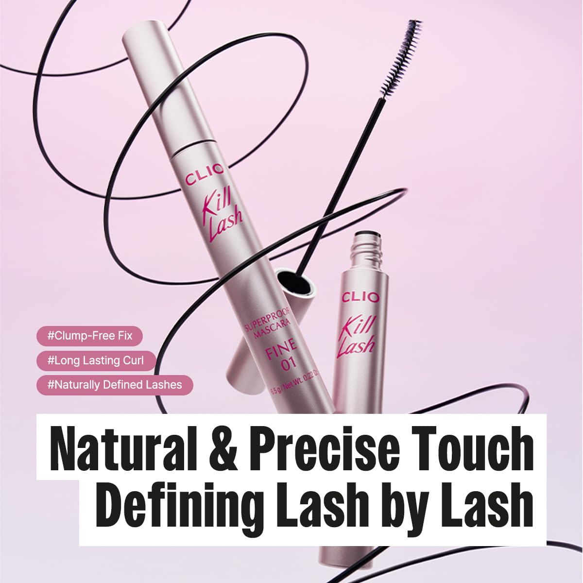 CLIO PROFESSIONAL mascara swiped on lashes showing defined natural length