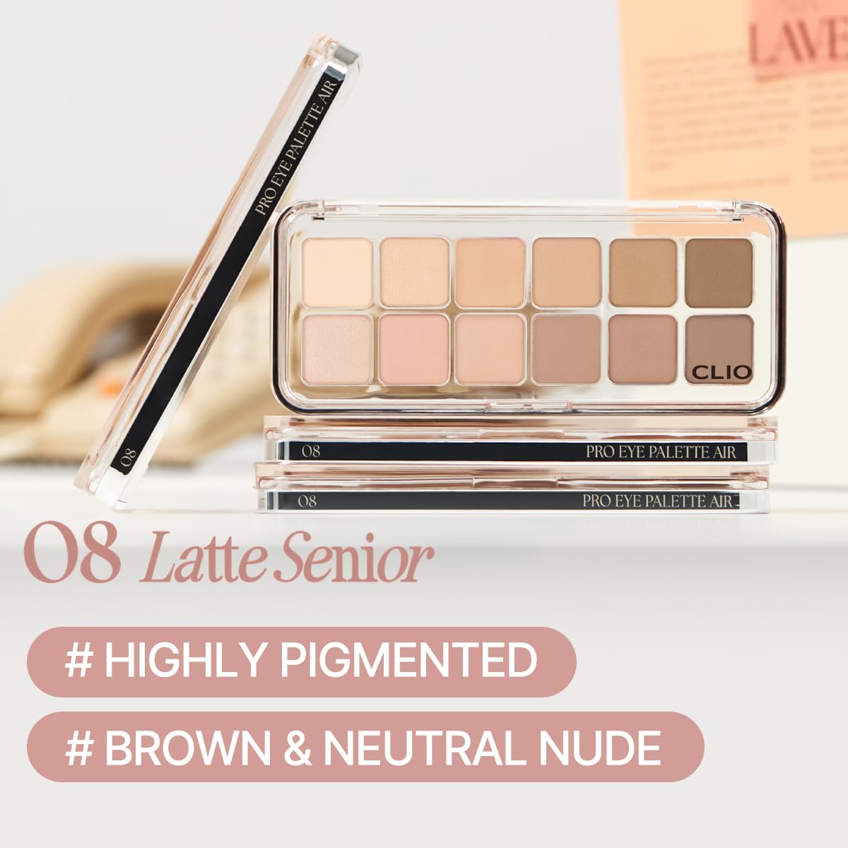 CLIO PROFESSIONAL open palette flatlay displaying 12 shades for versatile looks