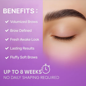 Before and after images with CLIONE PRIME showing fuller, brushed-up eyebrow results