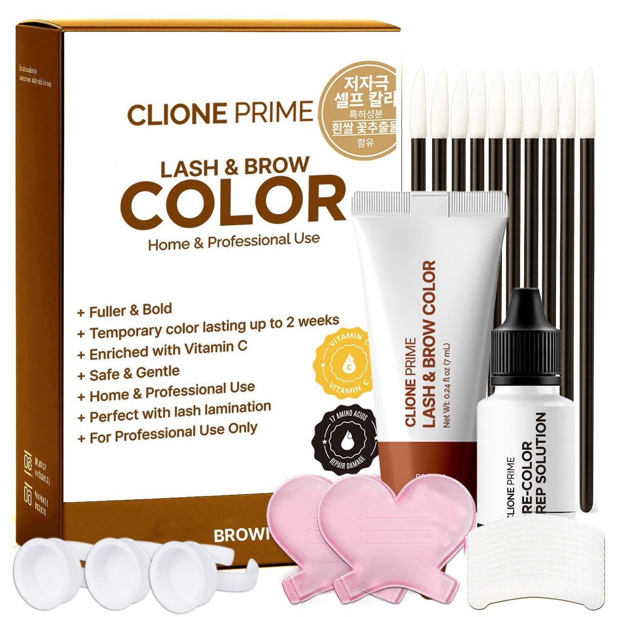 CLIONE PRIME front packaging showing kit and brown tint, clear at-home benefit