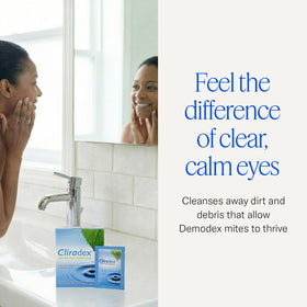 Cliradex wipe being used on eyelid to remove makeup and debris