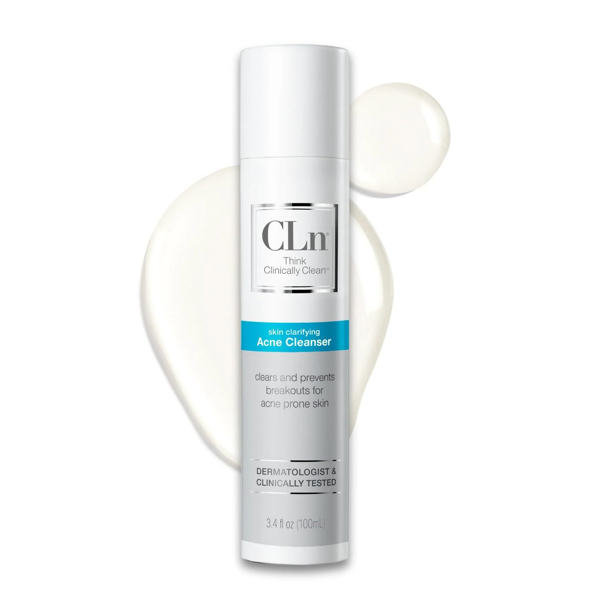 CLn front packaging showing bottle and benefit of acne-clearing