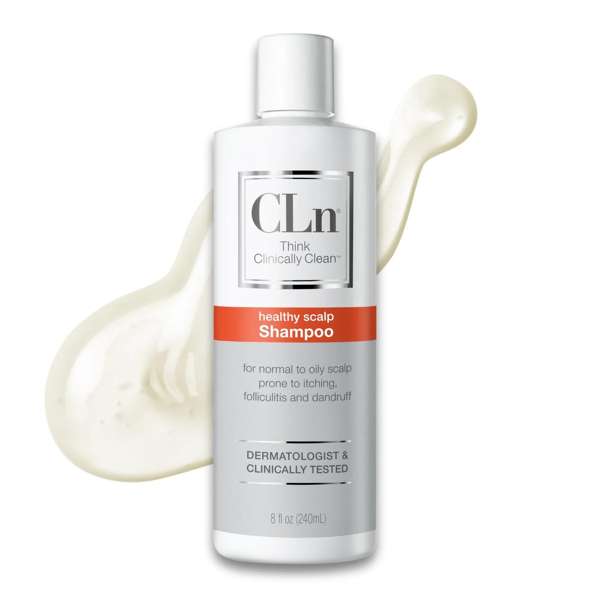 CLn bottle front view showing clarifying shampoo label and benefit of deep cleanse