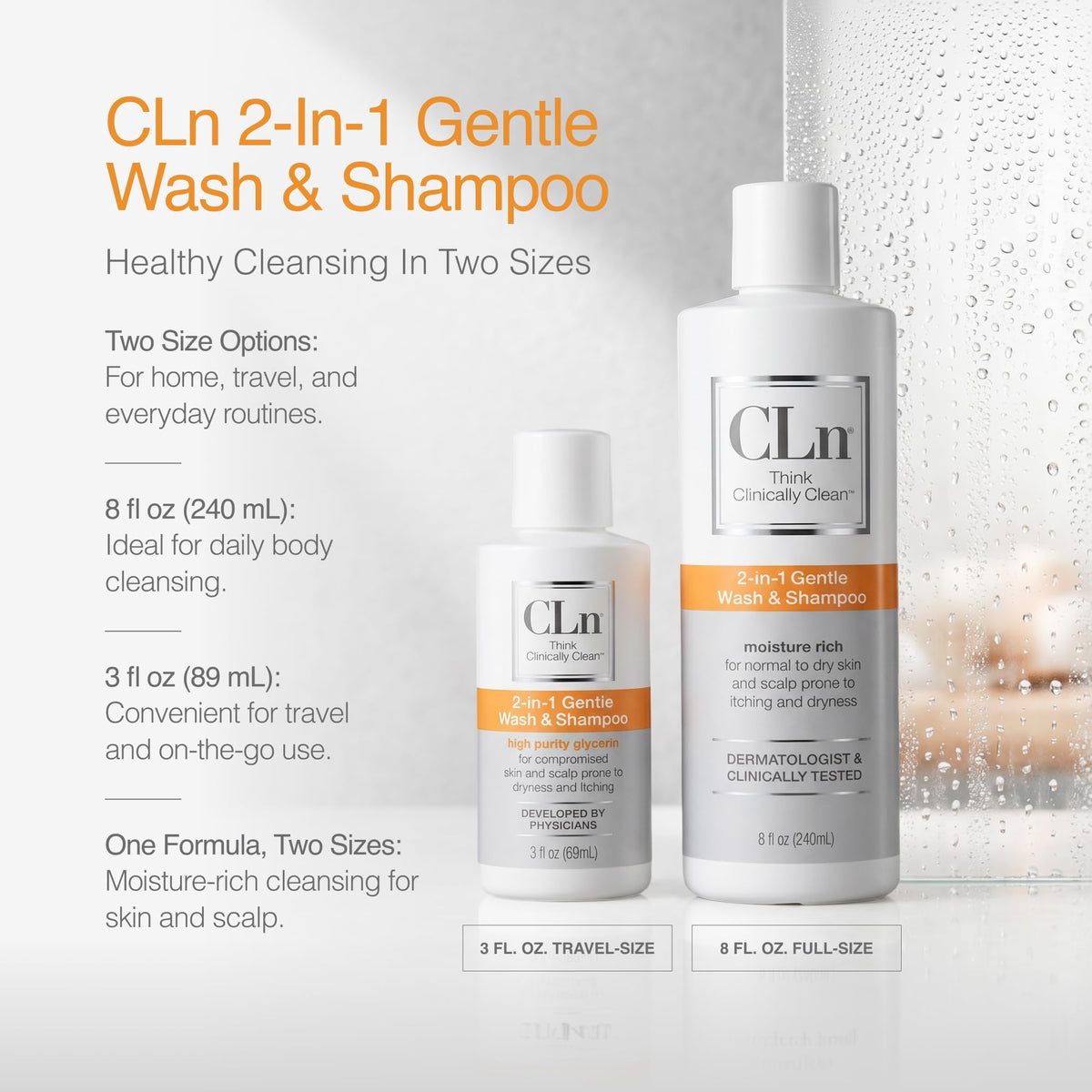 CLn bottle in shower setting illustrating head-to-toe wash convenience