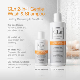 CLn bottle in shower setting illustrating head-to-toe wash convenience