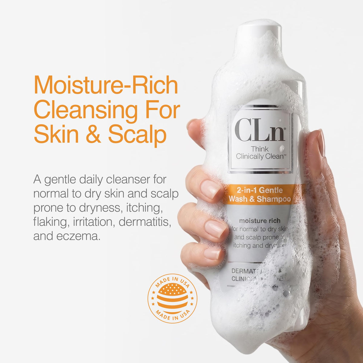 CLn shampoo texture on hand indicating moisturizing glycerin benefit