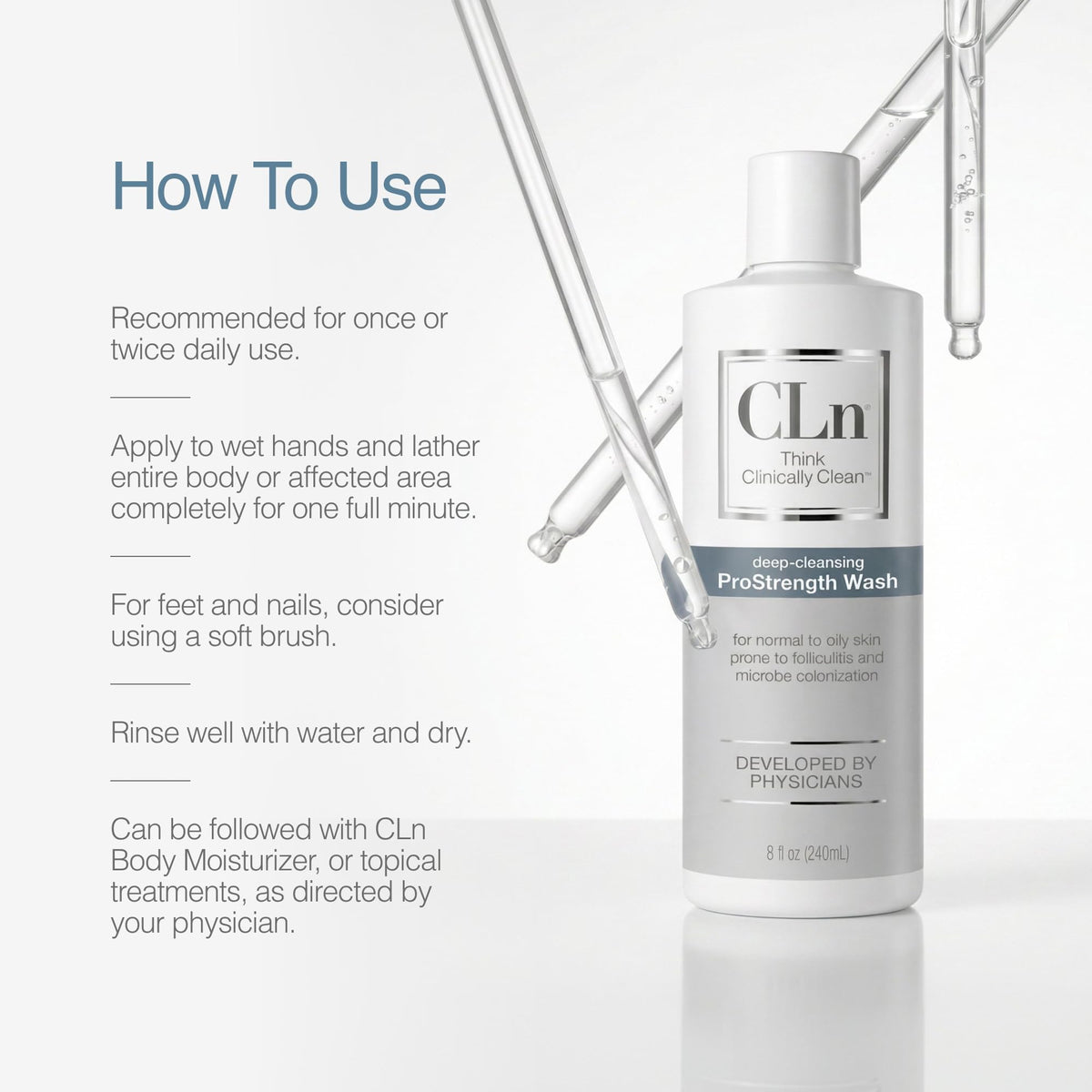 CLn 8 fl oz bottle next to a hand for size comparison and travel-friendly benefit