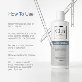 CLn 8 fl oz bottle next to a hand for size comparison and travel-friendly benefit