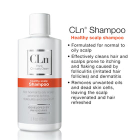 CLn shampoo before and after scalp photos showing reduced flakes and oil