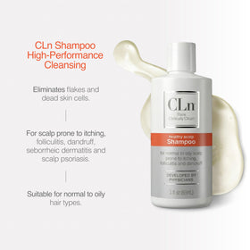 CLn shampoo bottle in hand for size comparison and travel convenience