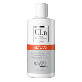 CLn shampoo front packaging shows bottle and clinical design for clear scalp