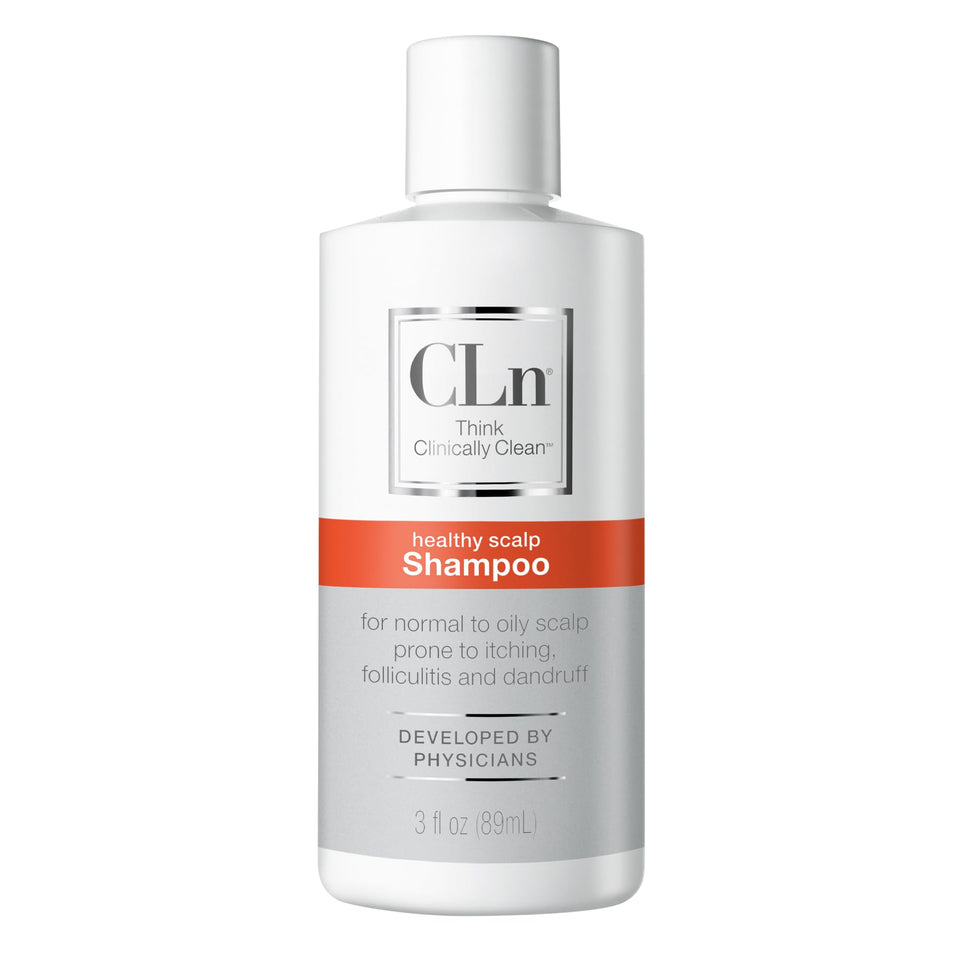 CLn shampoo front packaging shows bottle and clinical design for clear scalp