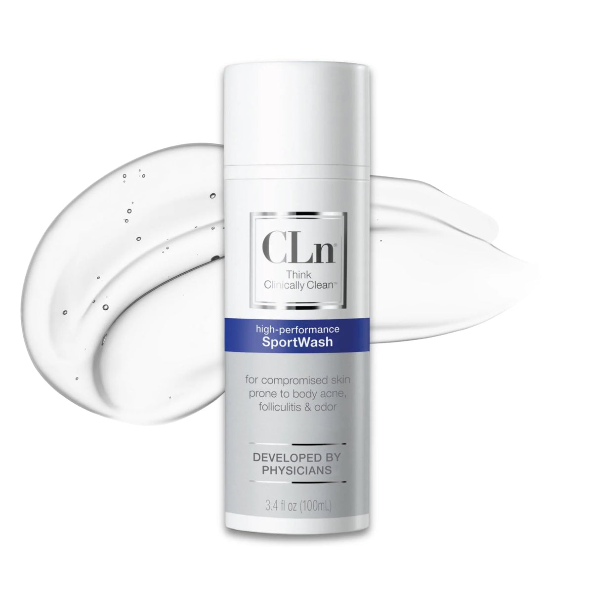 CLn SportWash front bottle shows brand and compact travel size benefit