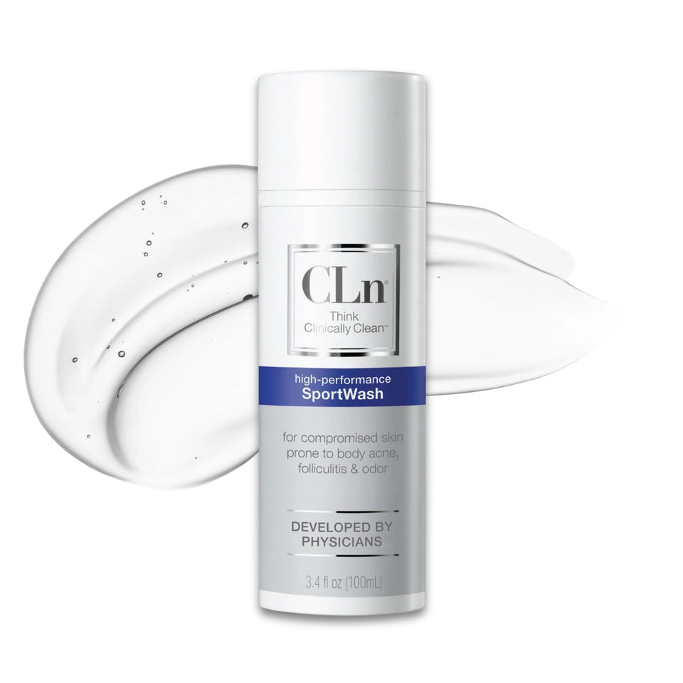 CLn SportWash front bottle shows brand and compact travel size benefit