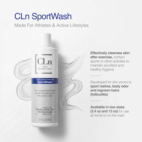 CLn SportWash ingredient label showing physician-developed formulation details