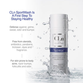 CLn SportWash label close-up showing ingredient and preservative information