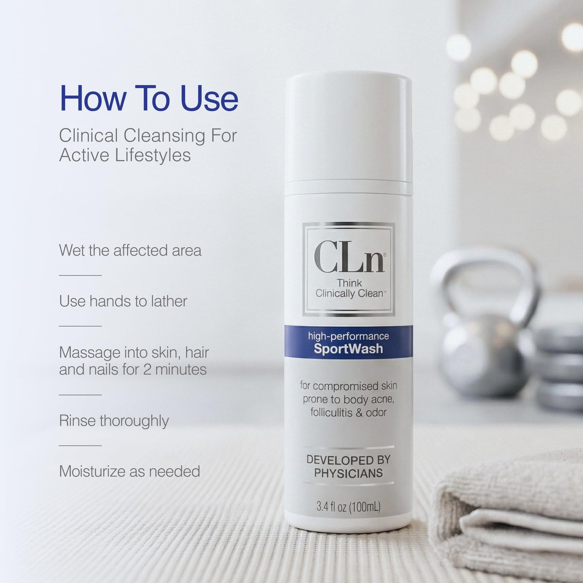 Person using CLn SportWash in shower illustrating post-workout hygiene benefit